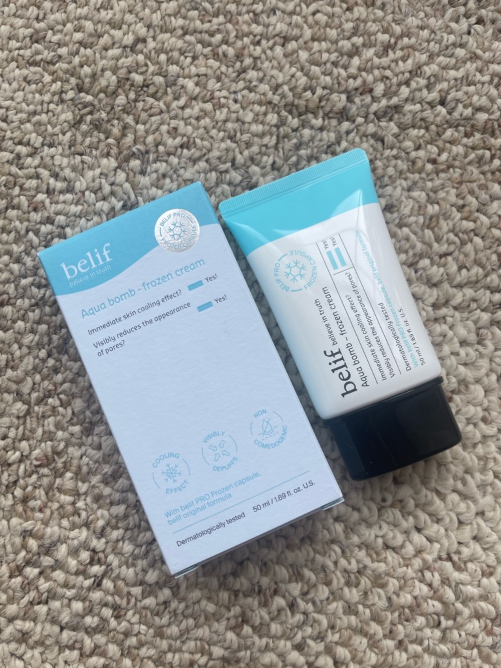 belif Aqua Bomb Frozen Cream - Light Blue & White Tube